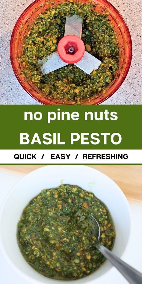 two photos of basil pesto without pine nuts, and text: "no pine nuts basil pesto. quick easy refreshing" Basil Pesto Without Pine Nuts Recipe, Basil Pesto Recipe Without Pine Nuts, Pesto Recipe Without Pine, Prosciutto Sandwich, Homemade Basil Pesto, Nut Free Pesto, Basil Pesto Recipe, Pine Nut Recipes, Raw Pistachios