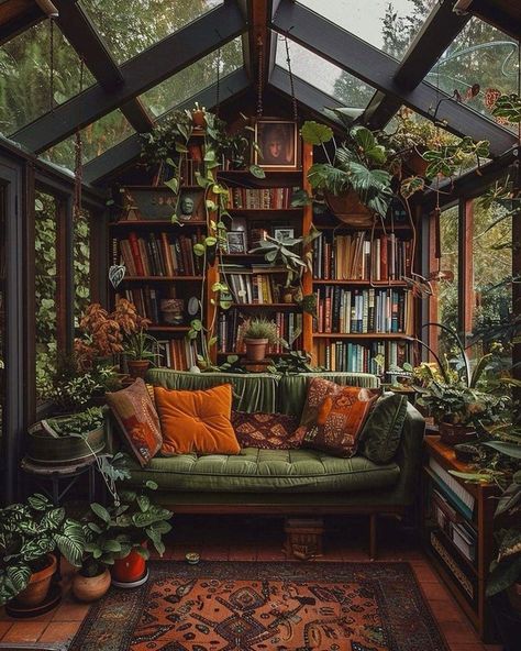 Witchy Cabin Interior, Witchy Sunroom, Witchy Office Space, Maxamilist House, Dream Library, Home Library Design, Dream House Rooms, Fantasy House, Bedroom Wall Decor