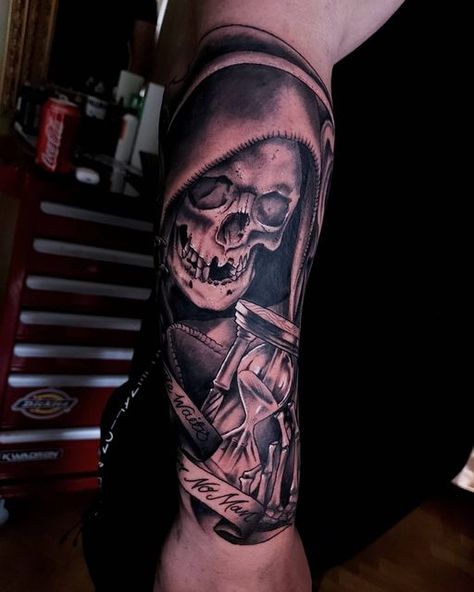 Grim Reaper Holding Hourglass Tattoo, Victoria Tattoo, Melbourne Tattoo, Grim Reaper Tattoo, Hourglass Tattoo, Leg Sleeve Tattoo, Clock Tattoo, Tattoo Apprentice, Leg Sleeve