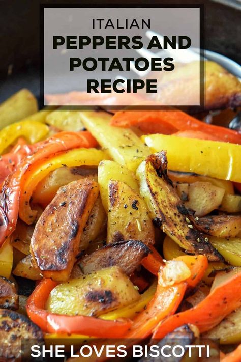 Italian Peppers and Potatoes: Pipi e Patate Recipe Peppers And Potatoes Recipe, Italian Potatoes Roasted, Potato And Peppers Recipes, Recipe For Peppers, Italian Vegetables Sides, Roasted Potatoes And Peppers, Potato And Peppers, Potatoes Onions And Peppers, Italian Baked Chicken Breast