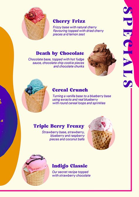 Ice Menu Design, Ice Cream Menu Design Ideas, Ice Cream Menu Design, Menu Of The Day, Ice Cream Dessert Recipe, Food Catalog, Coffee Kiosk, Organic Ice Cream, Types Of Ice Cream