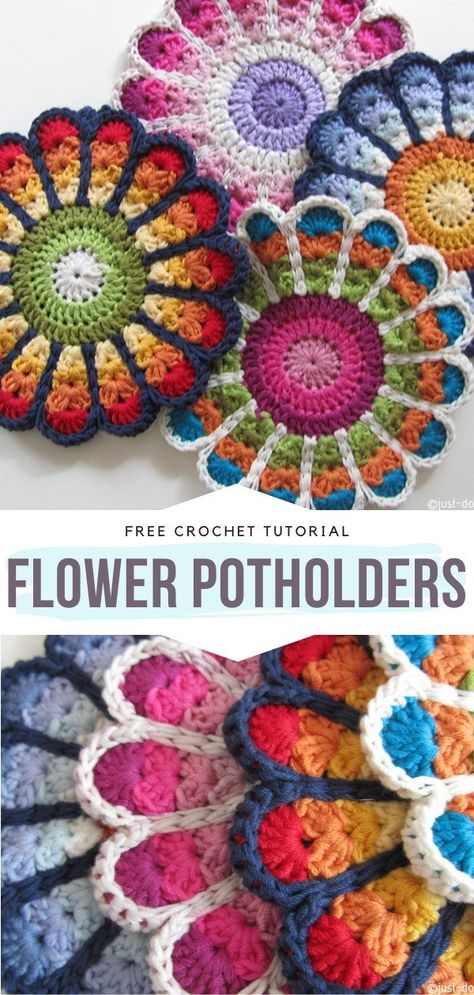 Crochet Potholder Patterns, Patterns For Crochet, Crochet Hot Pads, Potholder Patterns, Crochet Potholders, Crochet Kitchen, Stitch Crochet, Crochet Mandala, Crochet Clothes Patterns