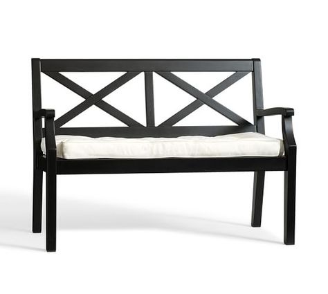 Hampstead Painted Porch Bench - Black Black Outdoor Bench, Pottery Barn Outdoor Furniture, Mudroom Entrance, Outdoor Porch Furniture, Beautiful Houses Exterior, Desk Side Table, Painted Porch, Outdoor Pottery, Painted Benches