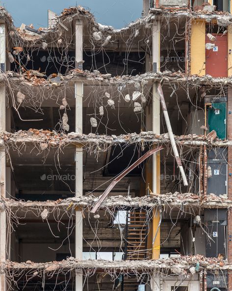 Demolition of a High rise Bulding by CreativeNature_nl. Pieces of Metal and Stone are Crumbling from Demolished Building Floors#Bulding, #CreativeNature_nl, #Pieces, #Demolition Break Wall, Ruined City, Abandoned Places, Urban Decay, Ladder Decor, Stock Photography, High Rise, Stock Photos, Architecture