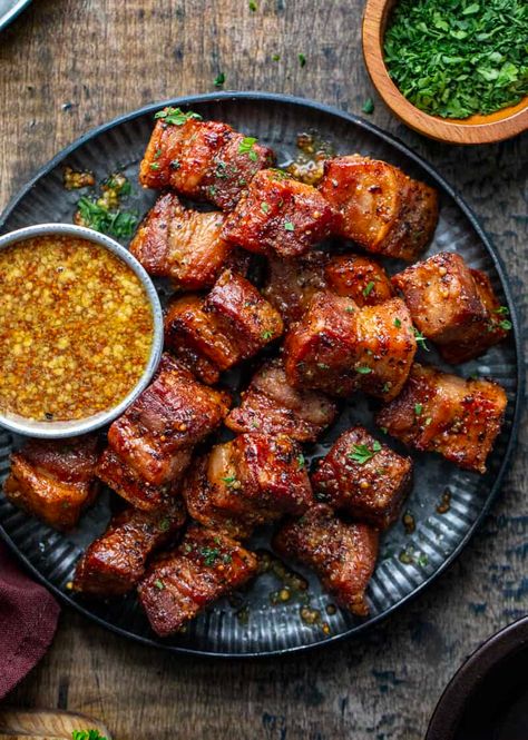 Maple Mustard Pork Belly Bites are seasoned cubes of pork belly cooked crispy in an air fryer and then tossed in a maple mustard sauce. They are the perfect balance of sweet, savory, and tangy! Oven instructions are also included. You won't be able to have just one! Pork Belly Mac And Cheese Recipe, Sweet And Spicy Pork Belly, Pork Belly Glaze, Pork Belly Slices Recipes, Pork Bites Recipes, Pork Candy, Glazed Pork Belly, Maple Mustard Sauce, Pork Belly Bites