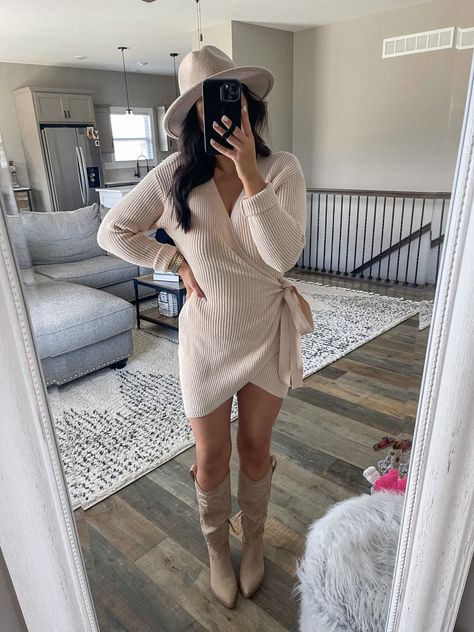 Wrap Sweater Dress Outfit, Neutral Outfits For Family Pictures, Neutral Outfit Ideas Casual, Neutral Outfits Women, Cowgirl Boots And Dress Outfit, Cowgirl Dresses With Boots, Fall Weather Outfits, Office Outfits Women Casual, Dresses With Cowboy Boots