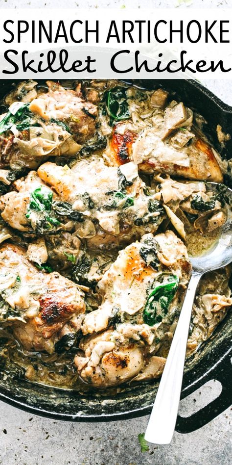 Spinach Artichoke Recipes, Chicken Spinach Mushroom, Fresh Spinach Recipes, Creamy Cheese Sauce, Spinach Artichoke Chicken, Seared Chicken, Artichoke Chicken, Artichoke Recipes, Fresh Spinach