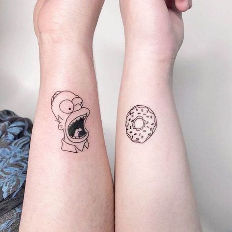 Matching Cartoon Tattoos Couple, Food Matching Tattoos, Two People Tattoos, Donut Tattoo Small, Best Friends Tattoos, Bestie Tats, Ice Cream Tattoo, Donut Tattoo, Friends Tattoos