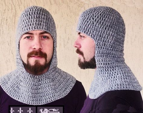 My next project. Crochet Chainmail, Spamalot Costumes, Chainmail Coif, Chenille Crochet, Crochet Boys, Helmet Pattern, Diy Knitting Projects, Medieval Pattern, Knight Helmet