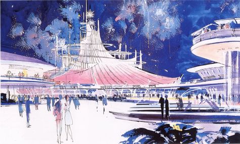 “Space Mountain” 1965, John Hench & Herb Ryman Disneyland Tomorrowland, Red City, Walt Disney Imagineering, Disney Imagineering, Park Design, Space Mountain, Disney Concept Art, Vintage Disneyland, Vintage Inspiration