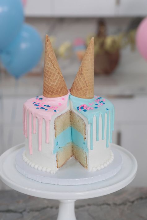 Gender Reveal Ice Cream Cake, Gender Reveal Ice Cream, Vanilla Ice Cream Cake, Cake Gender Reveal, Vegan Vanilla Ice Cream, White Chocolate Drip, Melted Ice Cream, Rosanna Pansino, Gender Reveal Cupcakes