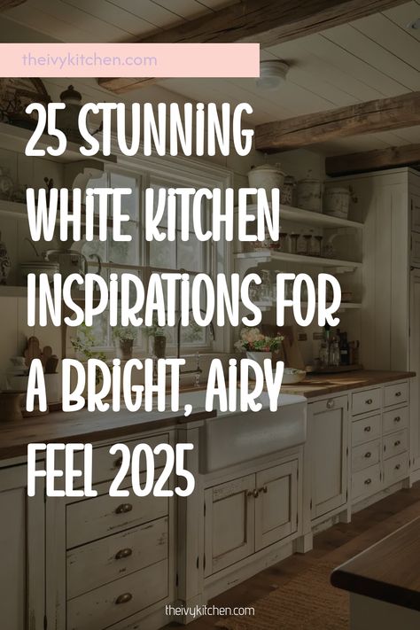 Rustic white kitchen with open shelves and wooden beams, promoting bright design ideas for 2025. White Granite With White Cabinets, Kitchen Remodel White Appliances, White Cabinets Colored Walls, Best Color Flooring With White Cabinets, White Cabinets Wall Color Ideas, What Shade Of White For Kitchen Cabinets, Pure White Quartz Countertop Kitchen, Pictures Of Kitchens With White Cabinets, White Tiny Kitchen