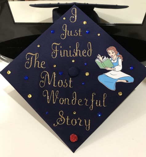 Beauty and the Beast Belle graduation cap! Beauty And The Best Graduation Cap, Library Graduation Cap, Graduation Cap Designs Beauty And The Beast, Graduation Cap Disney Designs, Beauty And The Beast Cap Graduation, Disney Graduation Cap Ideas High School, Disney Nursing Graduation Cap, Beauty And The Beast Grad Cap, Belle Graduation Cap