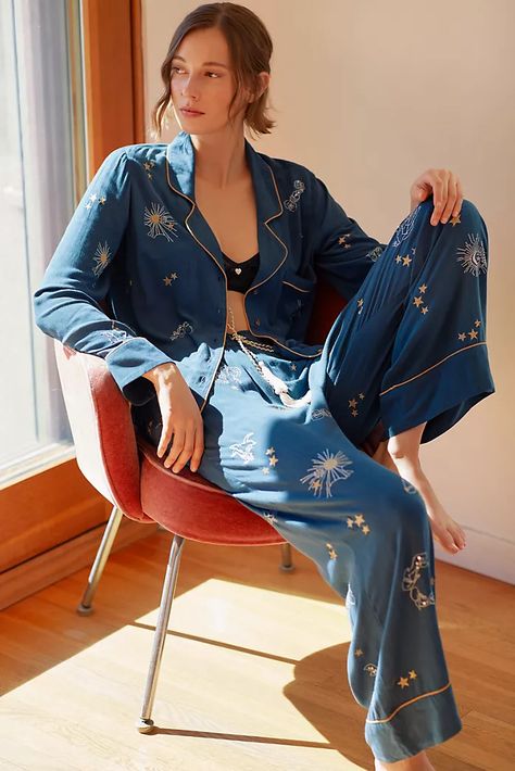 Anthropologie Sleepwear, Spring Sleepwear, Celestial Fashion, Spring Pajamas, Embroidered Pajamas, Anthropologie Style, Comfortable Pajamas, Starry Eyed, Sleep Wear