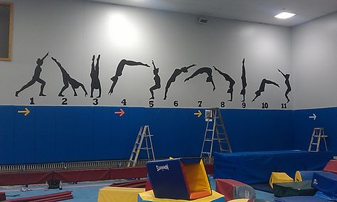 Mural of Roundoff Backhandspring at Blue Valley Rec. Center.. I can do a running round off back handspring!!! :) Roundoff Backhandspring, Mcfive Circus, Gymnastics Ideas, Cheer Tumbling, Room Cleaning Tips, Cheer Tryouts, Cheerleading Quotes, Back Handspring, Rec Center