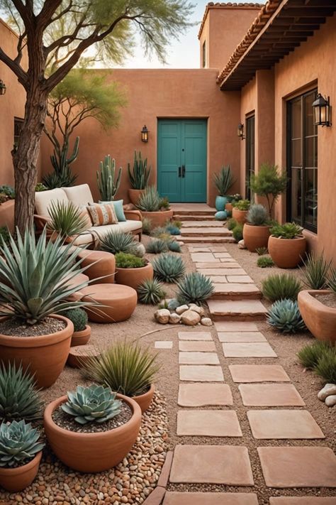 20 Desert Landscaping Ideas For Your Front Yard – ToolzView Desert Home Backyard, Stones In Garden Ideas, Small Backyard Desert Landscaping, Backyard Desert Landscaping Designs, Spanish Style Landscaping Front Yard, Austin Texas Backyard Ideas, Southwest Courtyard Ideas, Dessert Garden Landscape, Arizona Yard Ideas