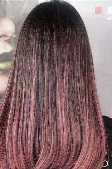 Rose Gold Hair Brunette Straight, Rose Gold Highlights Brunette Straight, Straight Rose Gold Hair, Rose Gold Balayage Straight Hair, Rose Gold Highlights On Dark Hair, Dusty Pink Highlights Brunette, Brown Hair With Blonde And Pink Balayage, Pink Hair Color Ideas For Brunettes Straight Hair, Rose Gold Hair Streaks