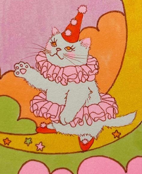 Clown Circus Aesthetic, Vintage Clown Illustration, Clown Cat Art, Clown Cat Drawing, Pink Clown Aesthetic, Clown Art Aesthetic, Vintage Clown Aesthetic, Vintage Clown Art, Cute Clown Art