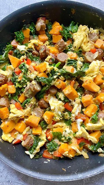 Marlena Kur on Instagram: "One pan sweet potato, turkey sausage and kale scrambled eggs made with @jonesdairyfarm All Natural Golden Brown Turkey Breakfast Sausage Links (AD). Jones products have been enjoyed by my family for over 40 years. Jones sausages have no artificial flavors, preservatives or fillers and are fully cooked and frozen to make them easy to reheat and use in recipes like this delicious scramble. Here’s how I made it: . Ingredients: - 1 large sweet potato, peeled and diced into Turkey Sausage Recipes, Sausage And Kale, Breakfast Sausage Links, Turkey Breakfast Sausage, Turkey Breakfast, Sausage Links, Breakfast Sausage, Sausage And Egg, How To Eat Better