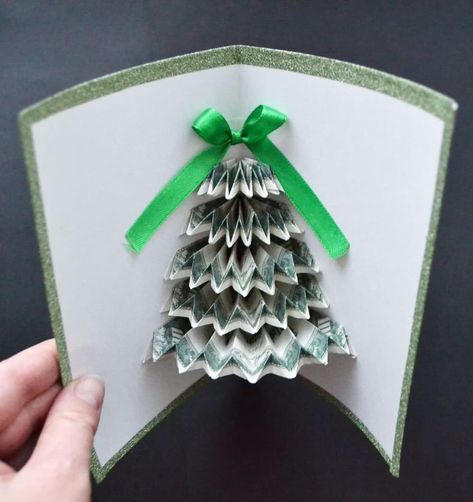 Folding Money Into Christmas Tree, Pop Up Money Card, How To Make A Money Tree Gift, Dollar Bill Christmas Tree, Fold Money Into Christmas Tree, Folded Money Christmas Tree, Money Folding Ideas Christmas, Folding Money For Christmas, Money Christmas Tree Dollar Bills