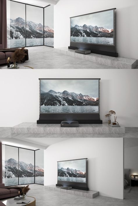 Projector Cabinet, Projector Screen Living Room, Floor Projector, Projector Ideas, Ultra Short Throw Projector, Projector Setup, Projector Wall, Projector Tv, Tv Wall Cabinets