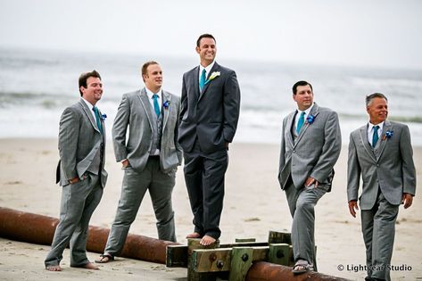 Picture Grey Tuxedo Wedding, Gray Wedding Party, Turquoise Suit, Blush And Grey Wedding, Wedding Party Groomsmen, Grey Tuxedo, Groomsmen Grey, Groomsmen Outfits, Blush And Grey