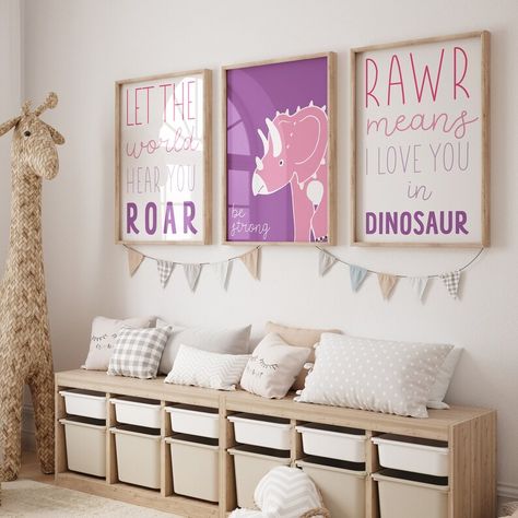 Set of 9 Girls Dinosaur Prints Pink and Purple Nursery Wall - Etsy Canada Purple Dinosaur Room, Dinosaur Bedroom Girl, Girls Dinosaur Bedroom, Girl Dinosaur Room, Horse Nursery Art, Girl Horse Room, Pony Nursery, Horse Themed Bedrooms, Horse Bedroom