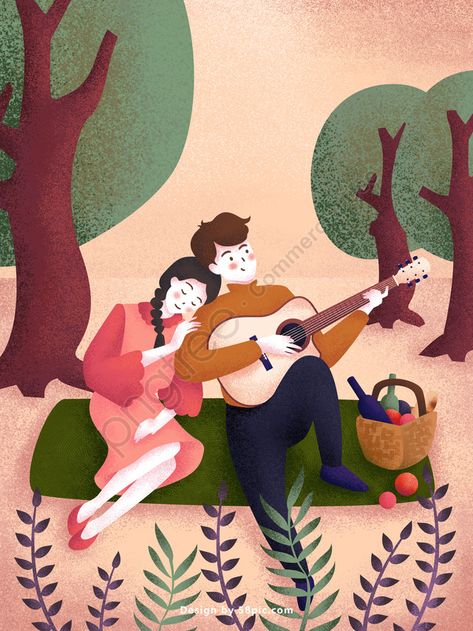 Intimate Couple Going Out For A Picnic Playing Guitar Original Illustration Poster illustration image Playing Guitar Illustration, Guitar Couple, Picnic Illustration, Typography Background, Couple Scene, Singing Drawing, Painting Love Couple, Pink Clouds Wallpaper, Guitar Illustration