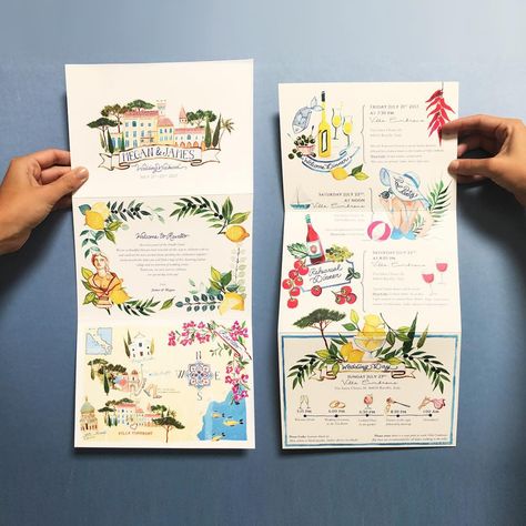 Emérence de Potesta on Instagram: “Itinerary brochure for wedding in Amalfi 🍋 #potestadesigns #potestadesignsevents #eventstationery #stationery #wedding #destinationwedding…” Positano Wedding Invitations, Puglia Wedding Invitation, Italy Wedding Stationery, Water Colour Wedding Invites, Italy Wedding Invite, Watercolor Wedding Stationery, Wedding Invitations Italy, Wedding Invite Watercolor, Italian Wedding Invite