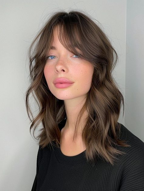 Medium Length Hair With Light Layers, Shoulder Length Brown Hair With Curtain Bangs, Med Length Hair With Curtain Bangs, Curtain Bangs Medium Hair Wavy, Layers Shoulder Length Hair, Medium Hair With Curtain Bangs, Styles For Shoulder Length Hair, Curtain Bangs Shoulder Length Hair, Brunette Shoulder Length Hair