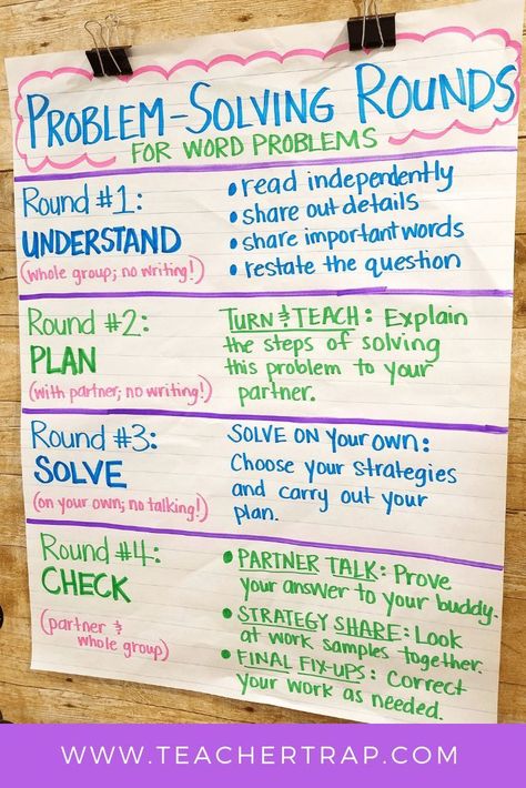 Help your students master math word problems with Problem-Solving Rounds! This cooperative strategy gets kids thinking and working together to solve tricky word problems. Build problem-solving strategies and critical thinking skills as students attack addition, subtraction, multiplication, division, and multi-step word problems!  #wordproblems #storyproblems #addition #subtraction#multiplication#division #firstgrademath #secondgrademath #thirdgrademath #fourthgrademath Word Problem Anchor Chart, Word Problem Strategies, Teaching Word Problems, Problem Solving Worksheet, Multi Step Word Problems, Problem Solving Strategies, Maths Ideas, Math Anchor Charts, Math Problem Solving