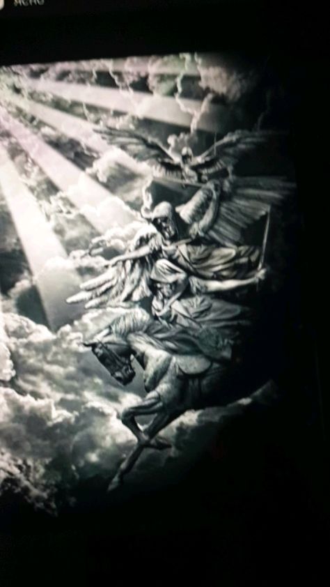 Angel On Horse Tattoo, Angle Warrior Tattoo, Angels Flying Tattoo, Storm Tattoo Men, 4 Horsemen Tattoo, Heaven Vs Hell Tattoo, Guardian Angel Warrior Tattoo, Heaven Tattoo Design, Guardian Angel Tattoo For Men