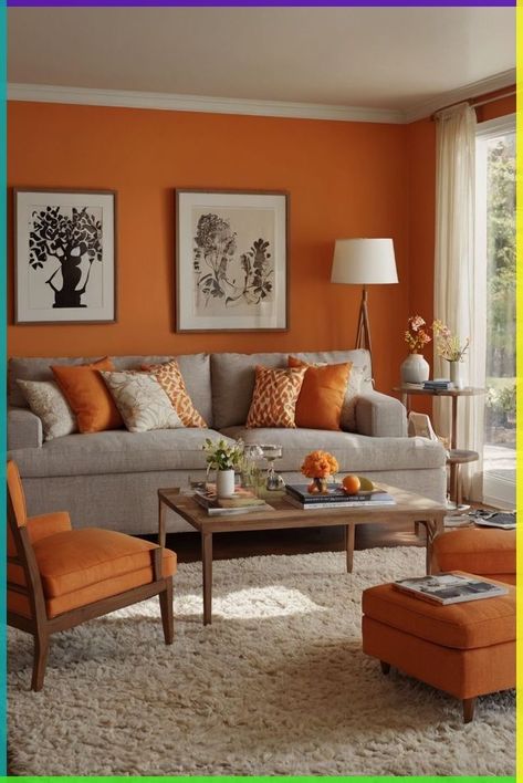 Bright Paint Living Room, Orange Walls Decor, Rust Wall Color Living Room, Living Room Orange Walls, Different Color Sofas In Living Room, Orange Wall Living Room, Orange Accent Wall Living Room, Orange Walls Living Room, Best Colour For Living Room Wall Colors