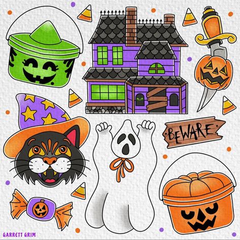 Halloween Ghost Haunted House Black Cat Candy Corn Flash Sheet Tattoo #halloween #flashtattoo #halloweentattoo Trick or Treat Halloween Flashtattoo, Candy Corn Tattoo, Trick Or Treat Tattoo, Horror Clipart, Flash Sheet Tattoo, Spooky Drinks, Food Tattoo, Draw Halloween, Tattoo Halloween