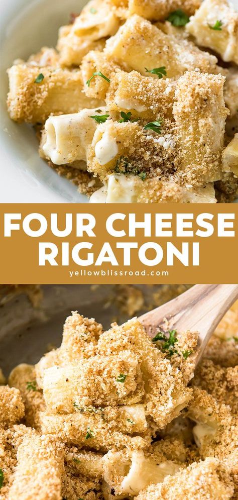 Cheese Rigatoni, Rigatoni Pasta Recipes, Creamy Cheesy Pasta, Four Cheese Pasta, Bacon Pasta Recipes, Different Cheeses, Breadcrumb Topping, Rigatoni Recipes, Baked Rigatoni