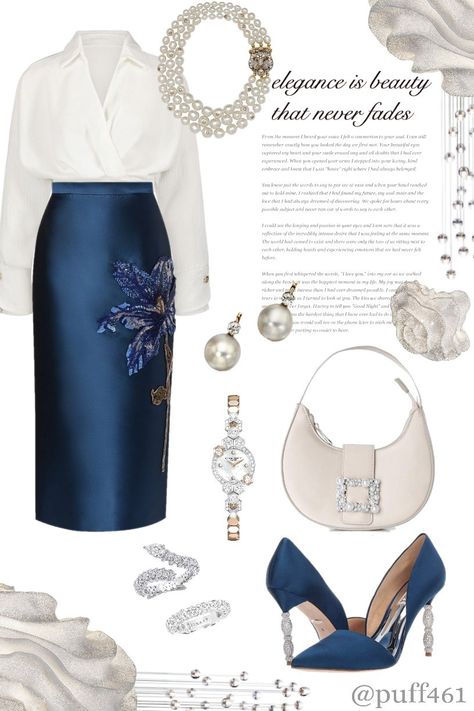 Elegant Royal Blue Dress, Luxury Blue Elegant Lace Dress, Luxury Elegant Blue Sets, Luxury Feminine Blue Tops, Elegant Blue Embroidered Sets, Luxury Chic Blue Silk Dress, Blue White Outfit, Royal Blue Outfit Ideas, Elegant Outfit Classy