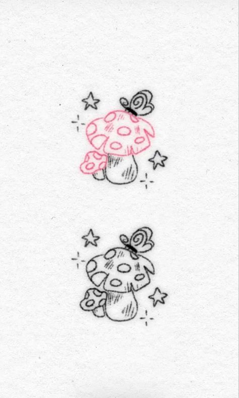 Melanie Martinez Matching Tattoos, Portals Tattoo Melanie Martinez, Cute Spooky Tattoo Ideas, Fairy Core Tattoo Ideas, Fairy Circle Drawing, Whimsical Matching Tattoos, Mushroom Heart Tattoo, Ever After High Tattoo, Mushroom And Butterfly Tattoo