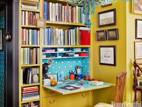 Bespoke built-ins, storage nooks, and furniture tailored to your exact needs can utilize every available sliver of space. Yellow Bookshelves, Apartamento New York, Fold Out Desk, Small Space Design, Bookshelf Desk, Small Space Solutions, Built In Desk, Home Office Organization, Small Office