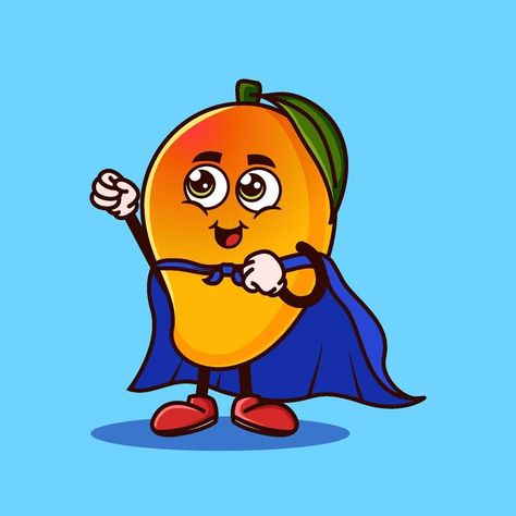 Cute Mango fruit character with Super hero costume and trying to fly. Fruit character icon concept isolated. Emoji Sticker. flat cartoon style Vector Mango Cartoon, Nails Practice, Super Hero Costume, Fruit Character, Character Icon, Fruit Cartoon, Mango Fruit, Emoji Stickers, Hero Costumes