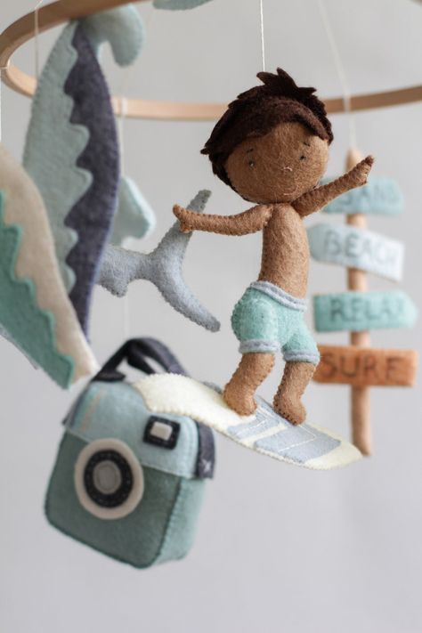 Surf Baby Mobile Beach Baby Mobile Surfer Boy Mobile - Etsy Canada Surf Nursery Boy, Ocean Surf Nursery, Surfer Ocean Nursery, Baby Boy Surfer Nursery, Surf Boy, Surf Baby, Boy Mobile, Childrens Rooms, Beach Nursery