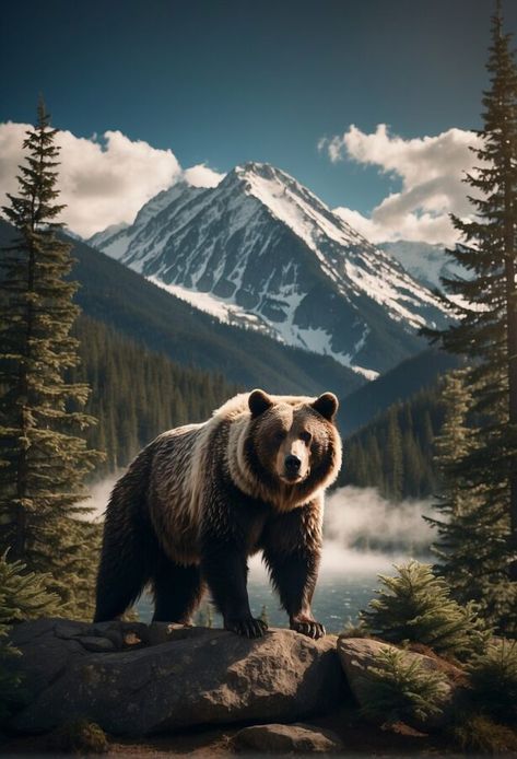 A majestic brown bear standing on a rocky mountain slope, its fur blending with the rugged terrain, with distant peaks and a cloudy sky in the background. Bear Mountain Tattoo, Wildlife Tattoos For Men, Brown Bear Tattoo, Bear Tattoos For Men, Grizzly Bear Tattoos, Roaring Lion Tattoo, Wildlife Tattoo, Bear Tattoo Designs, Hunting Tattoos