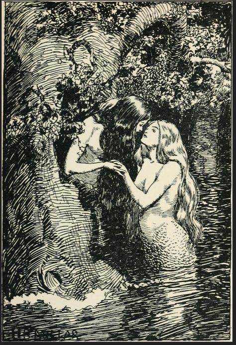 “The Nymph caught the Dryad in her arms.”The New World Fairy BookHoward Angus KennedyIllus. by H.R. MillarLondon: J.M. Dent & Co., 1904. Illustration Kunst, Arte Indie, Bel Art, Lesbian Art, Vintage Mermaid, Hur Man Målar, Fairy Book, The New World, Arte Inspo