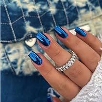 Fake Nails Natural, Nails Short Medium, Natural Glue, Nails Press Ons, Nails Medium Length, Square Press On Nails, Blue Chrome, Press On Nails Short, Bling Design