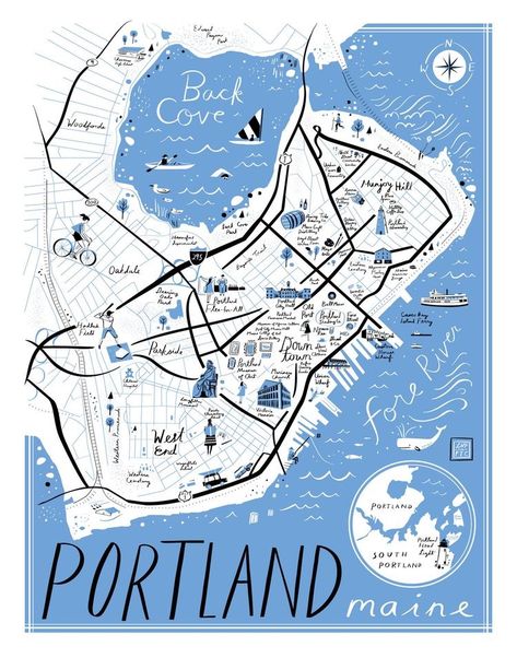 Portland • Maine ~ Libby Vanderploeg Maine Road Trip, Maine Map, Illustrated Maps, Portland Travel, Visit Maine, New England Road Trip, Maine Vacation, Map Illustration, Maine Travel