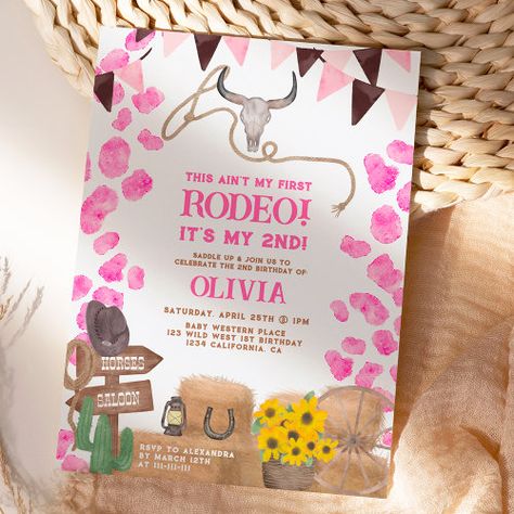 Rustic Rodeo Cowgirl Western Cow 2Nd Birthday Invitation #zazzle #weddinginvitations #birthdayinvitations #babyshowerinvitations #zazzleinvitations #monogram #businesscards #graduation #homedecor Cow 2nd Birthday, Cow 1st Birthday, Cowboy Lasso, Sunflowers Bouquet, Skull Cowboy, Bouquet Green, Desert Theme, Cowgirl Birthday Party, 1st Birthday Party Invitations