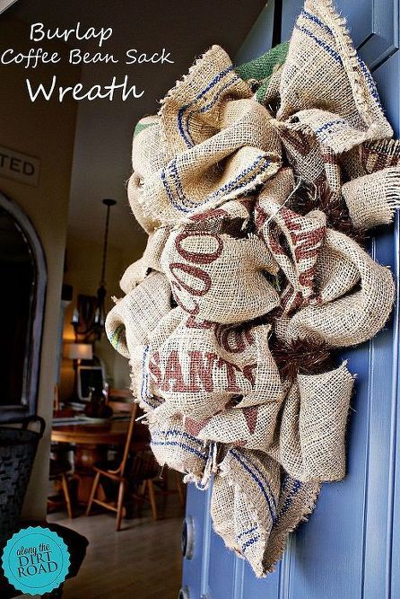 burlap coffee bean sack wreath, crafts, repurposing upcycling, seasonal holiday decor, wreaths, I love this wreath on our Slate Tile door Coffee Bag Diy, Coffee Bag Crafts, Coffee Bean Sacks, Burlap Coffee Bags, Coffee Bean Bags, Coffee Sack, Coffee Sacks, Burlap Projects, Burlap Sacks