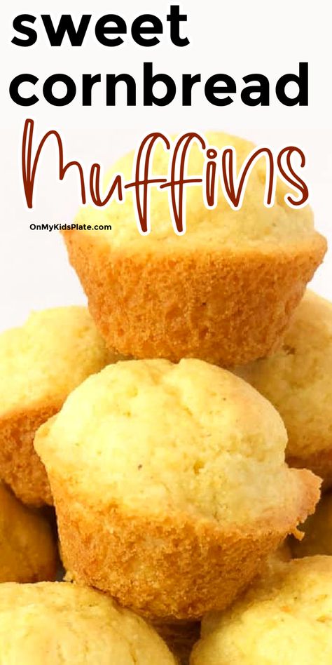 Tall stack of cornbread muffins with text title overlay Moist Cornbread Muffins, Mini Cornbread Muffins, Mini Cornbread, Homemade Corn Muffins, Honey Corn Muffins, Mini Corn Muffins, Sweet Corn Muffins, Sweet Cornbread Muffins, Muffins From Scratch