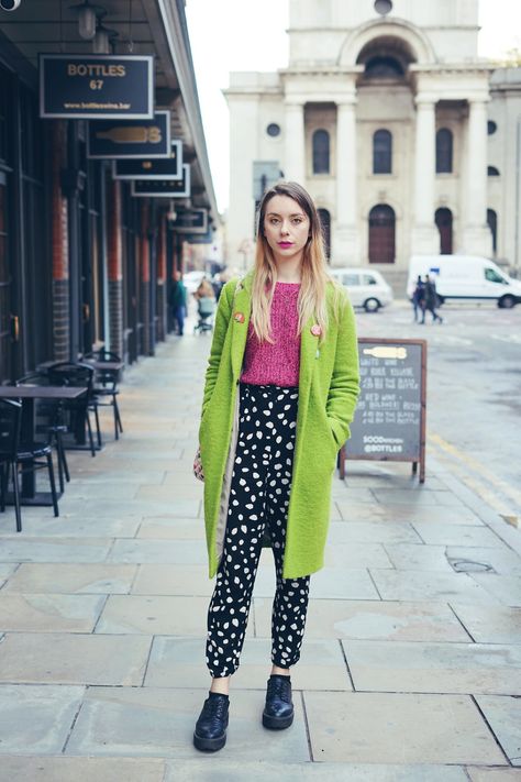 Spotty Trousers Outfit, Sasha Velour, Trousers Outfit, Trouser Outfit, Green Coat, Work Outfits, Work Outfit, Chelsea, Jade