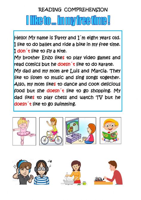 Reading comprehension online worksheet for Grade 2. You can do the exercises online or download the worksheet as pdf. Hobbies Reading Comprehension, Hobbies Worksheet For Kids, My Hobby Worksheet, Hobby Reading, English Pictures, English Primary School, Reading For Kids, 2nd Grade Reading Worksheets, Reading Comprehension For Kids