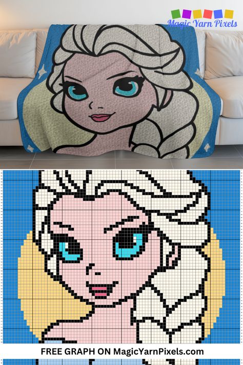 Transform your space into a winter wonderland with this free crochet Elsa blanket pattern. Perfect for adding a touch of Disney charm to any room or as a heartfelt gift. Use this free crochet graph with different size yarns and hooks to crochet a variety of items. From double bed throws, to baby blankets, wall hangings, rugs and pillowcases, you can make them all with this graph. C2c Disney Crochet Pattern, Crochet Graphgan Patterns Free Pixel Art, Disney Crochet Blanket, Crochet Elsa, Frozen Cross Stitch, Disney Crochet Pattern, Frozen Free, Princess Blankets, Crochet C2c Pattern